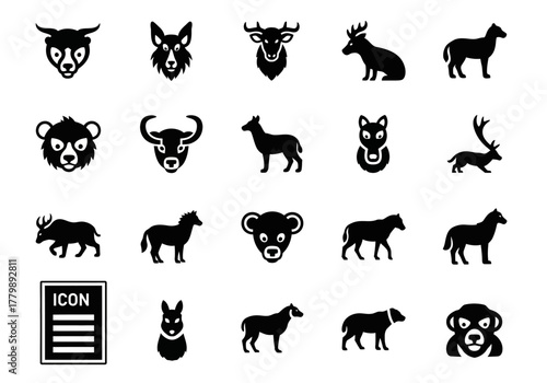 Canvas Print Collection of animal icons featuring wildlife mammal heads and silhouettes