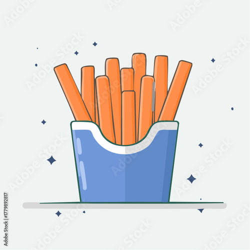 Vector Illustration of Crispy Orange French Fries in a Blue Cardboard Container on a Light Blue Background with Sparkles