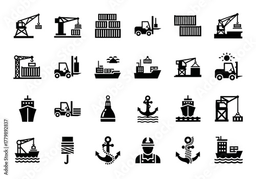 Set of maritime shipping and port logistics glyph icons featuring container ships, cargo cranes, and freight transport symbols