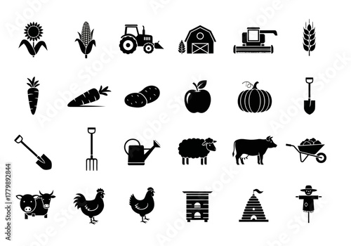 Agriculture and farming glyph icon set. A collection of vector silhouette symbols including tractor, barn, animals, and harvest produce