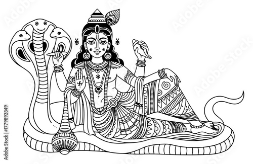 Lord Vishnu Reclining on Shesha Naga Serpent Hindu Deity Line Art Vector Illustration