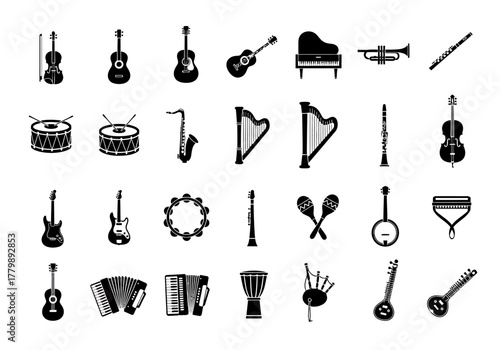 Set of musical instrument icons, including guitar, piano, drums, and violin. A diverse collection of black and white vector silhouettes for music design