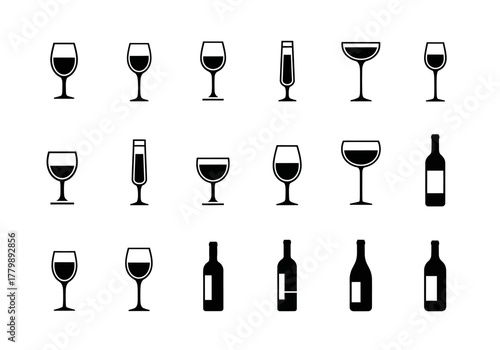A diverse collection of black glyph icons featuring various types of wine glasses and bottles, perfect for graphic design elements