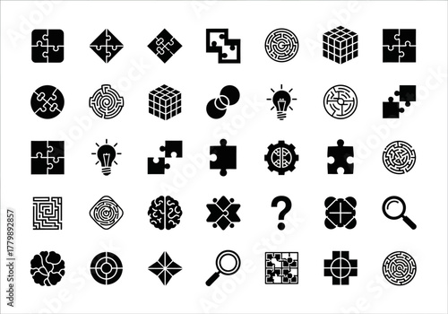 Glyph icon set of puzzle pieces, brains, and strategy symbols for problem-solving, innovation, and creative ideas