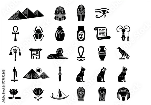 Ancient Egypt icon collection featuring hieroglyphic symbols, gods, and historical artifacts in a flat black style