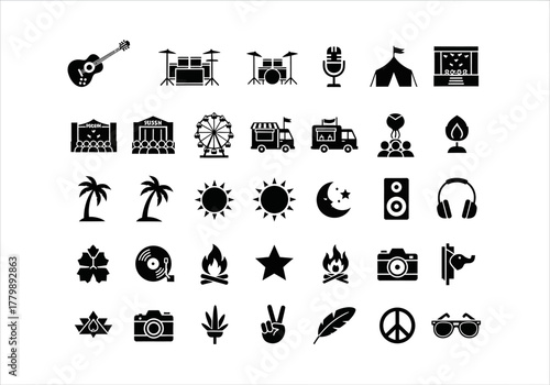 Music festival and open air concert icon pack featuring simple black silhouette symbols for graphic design