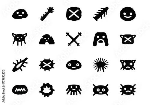 Set of hand-drawn monster and alien creature icons in a primitive style. Simple black glyphs and abstract emoticons for design projects. Vector graphic collection 2j (493)