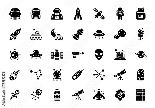 Vector glyph icon set for science and space exploration, featuring symbols of astronauts, rockets, planets, and cosmic objects