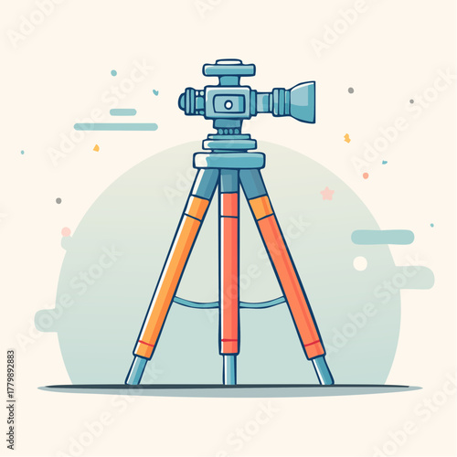 Detailed illustration of a surveyor's tripod with a theodolite camera on top against a soft pastel background with abstract shapes and lines