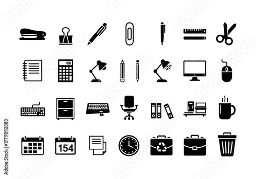 A versatile set of solid glyph icons for business and office supplies. Workplace stationery and equipment symbols from collection 2j 495