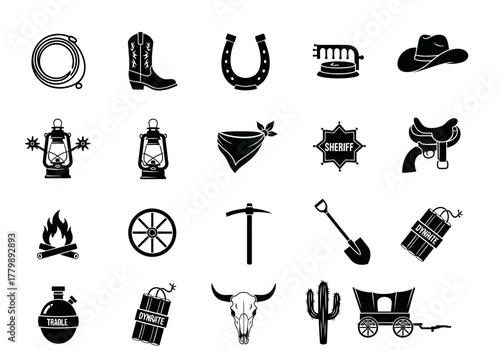 A collection of monochrome Wild West icons, featuring classic American cowboy and frontier symbols like a sheriff's badge and a wagon