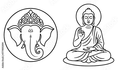 Ganesha Emblem And Seated Buddha Meditating Outline Sacred Icon Vector Set