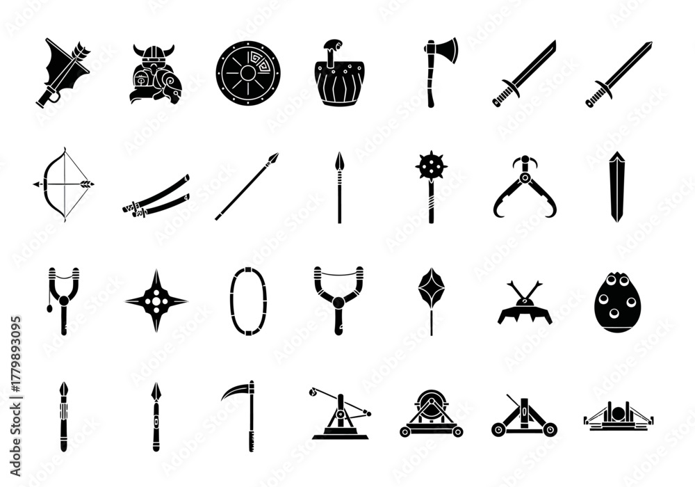 Naklejka premium A comprehensive set of vector glyph icons depicting ancient and medieval weapons. Includes silhouettes of swords, axes, catapults, and ninja tools