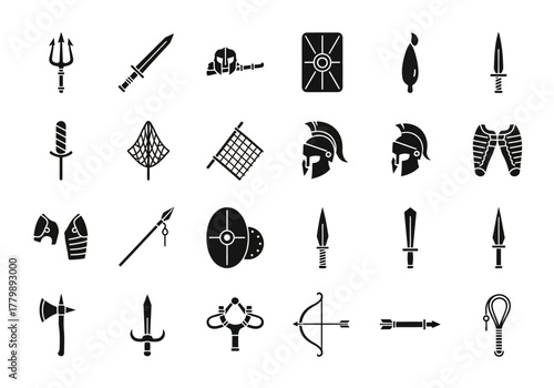 A collection of black silhouette icons depicting ancient Roman gladiator and legionary weapons and armor for historical designs