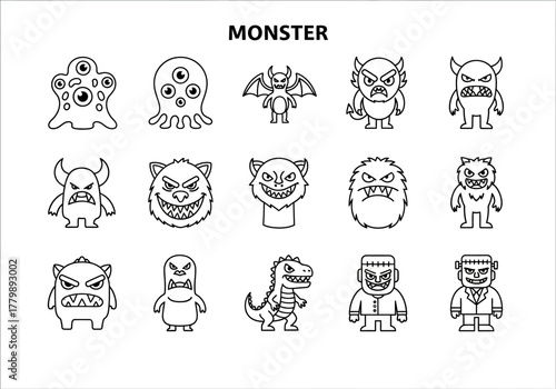 Collection of funny and scary monster character line icons. Set of various creature illustrations for Halloween, including demons, aliens, and zombies