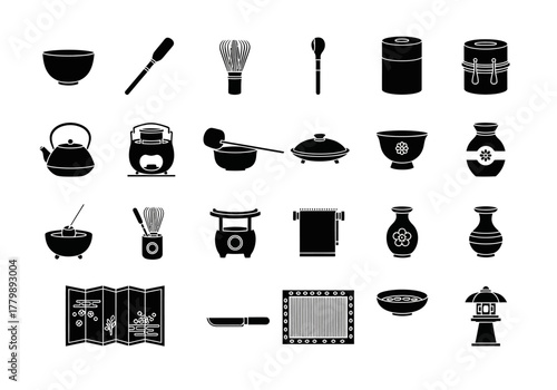 A comprehensive set of Japanese tea ceremony equipment icons, presented in a solid black glyph style, perfect for cultural and design projects