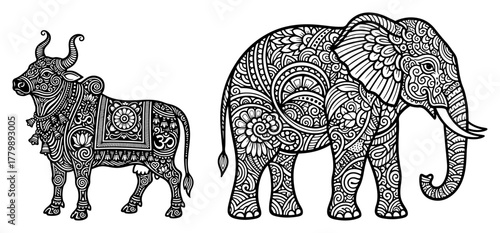 Ornate Indian Elephant and Nandi Bull Vector. Decorative Zentangle Pattern Animal Illustrations