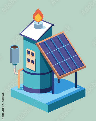 A compact solar heating system perfect for small businesses utilizing rooftop panels to generate enough heat to keep the office warm and comfortable.. Vector illustration