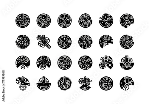 Collection of circular icons depicting detailed steampunk watch gears and vintage clockwork mechanisms, isolated vector illustration set