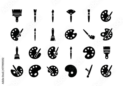 A versatile set of painter's tools icons, including various brushes and palettes in a solid black silhouette style. Graphic art supply elements for creative design