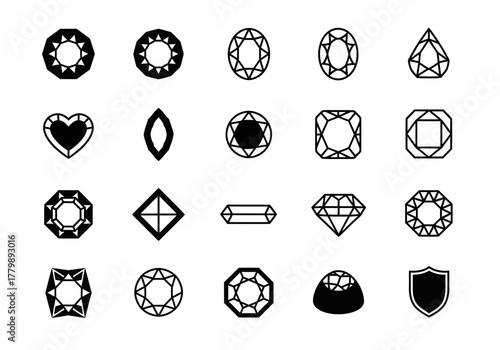 A comprehensive set of black line icons depicting various gemstone cuts and jewel shapes. Vector graphic symbols for jewelry design