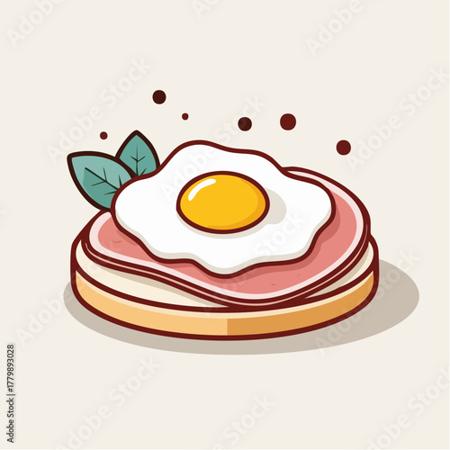 A Toasted Bread Stack Topped With Sliced Ham and a Fried Egg Garnished With Mint Leaves and Dark Sprinkles