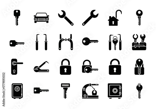 A versatile set of monochrome glyph icons representing locksmithing, security systems, key cutting, and lock picking tools