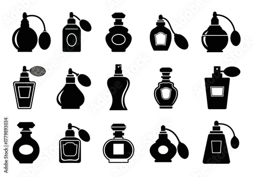 A collection of black perfume bottle silhouettes and fragrance atomizer icons. Vector graphic set isolated on a white background