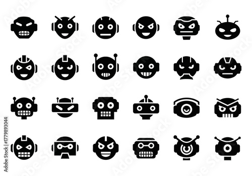 Solid glyph icons of futuristic robot heads and android faces, a collection of cyborg avatars for AI and technology concepts