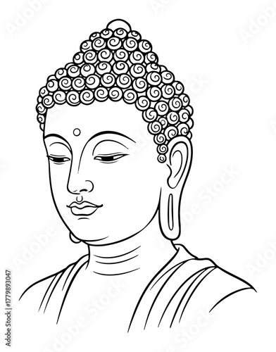 Serene Buddha Head Vector Outline. Gautama Buddha Face for Meditation and Spiritual Design.