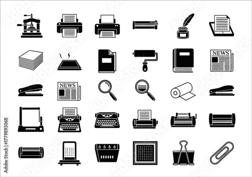 Office and printing equipment vector icon set. Monochrome collection of business supplies, stationery, and publishing symbols for design