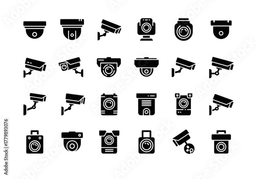 A versatile collection of security camera glyph icons. This vector set features various CCTV and surveillance camera designs for digital and print media