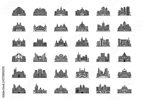 A large collection of linear vector icons featuring city buildings, famous landmarks, and government architecture symbols