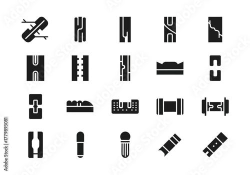 Collection of black glyph icons representing skateboarding equipment. Vector set with various longboard parts, deck shapes, trucks, and wheels