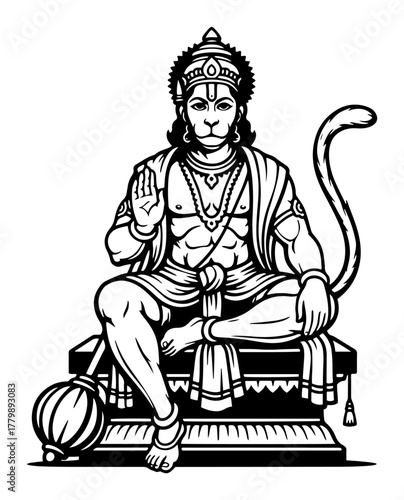 Seated Lord Hanuman in Blessing Pose. Hindu Monkey God with Mace Gada Vector for Tattoo Design.