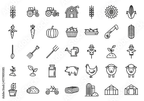 Agriculture and farming linear icon collection. Farm equipment, crops, and animal symbols for web and graphic design