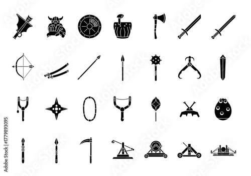 A comprehensive set of vector glyph icons depicting ancient and medieval weapons. Includes silhouettes of swords, axes, catapults, and ninja tools