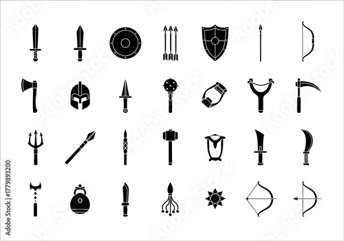 A versatile vector set of thirty black silhouette icons depicting medieval weaponry and ancient combat tools, perfect for digital design