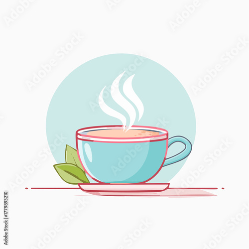 A Refreshing Cup of Steaming Hot Tea in a Light Blue Ceramic Mug on a Saucer with Green Tea Leaves on the Side Against a Pale Blue Circular Background