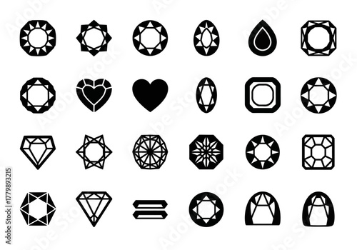 Minimalist vector glyph icon set featuring various diamond and gemstone cuts. A collection of precious stone shapes for jewelry and luxury concepts