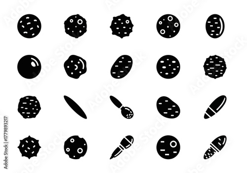 Monochrome icon collection featuring diverse scientific glyphs of planets, asteroids, microbes, and biological cells isolated on white