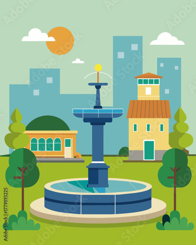 A historic city park with a traditional solarpowered water fountain showcasing the integration of modern technology into a traditional setting.. Vector illustration
