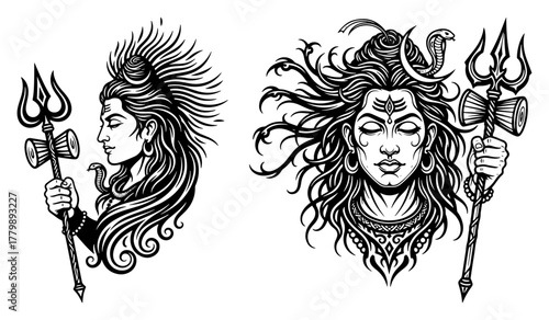 Detailed Vector Portrait of Lord Shiva Mahadev. Hindu God with Trishula for Tattoo Design.