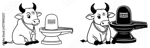 Cute Nandi Cow with Shiva Lingam Vector Icon Set. Hindu Sacred Symbol Cartoon Illustration