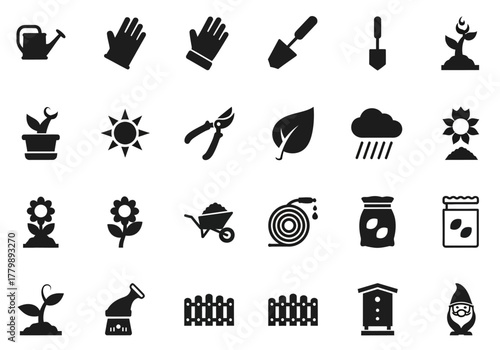 A comprehensive collection of solid glyph icons representing gardening tools, plants, and horticulture activities for vector design
