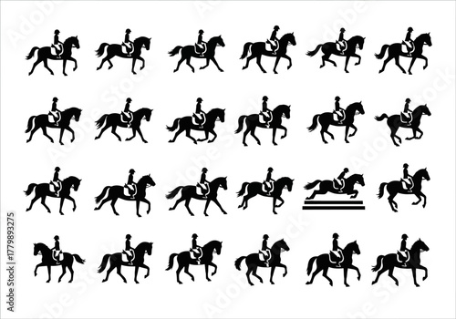 Horseback riding animation sequence with rider silhouettes, showcasing various gaits from walking to jumping for equestrian design