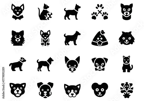 A versatile collection of solid black dog icons. This vector set includes various canine breeds, puppy symbols, and pet silhouettes for design projects
