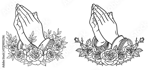 Praying Hands with Roses Outline Vector Illustration. Namaste Gesture with Floral Wreath