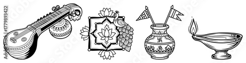 Hindu Puja and Festival Symbols Vector Set. Auspicious Items Line Art Illustrations