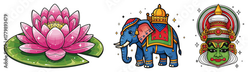 Lotus Flower Elephant And Kathakali Face Colorful Indian Sticker Vector Set